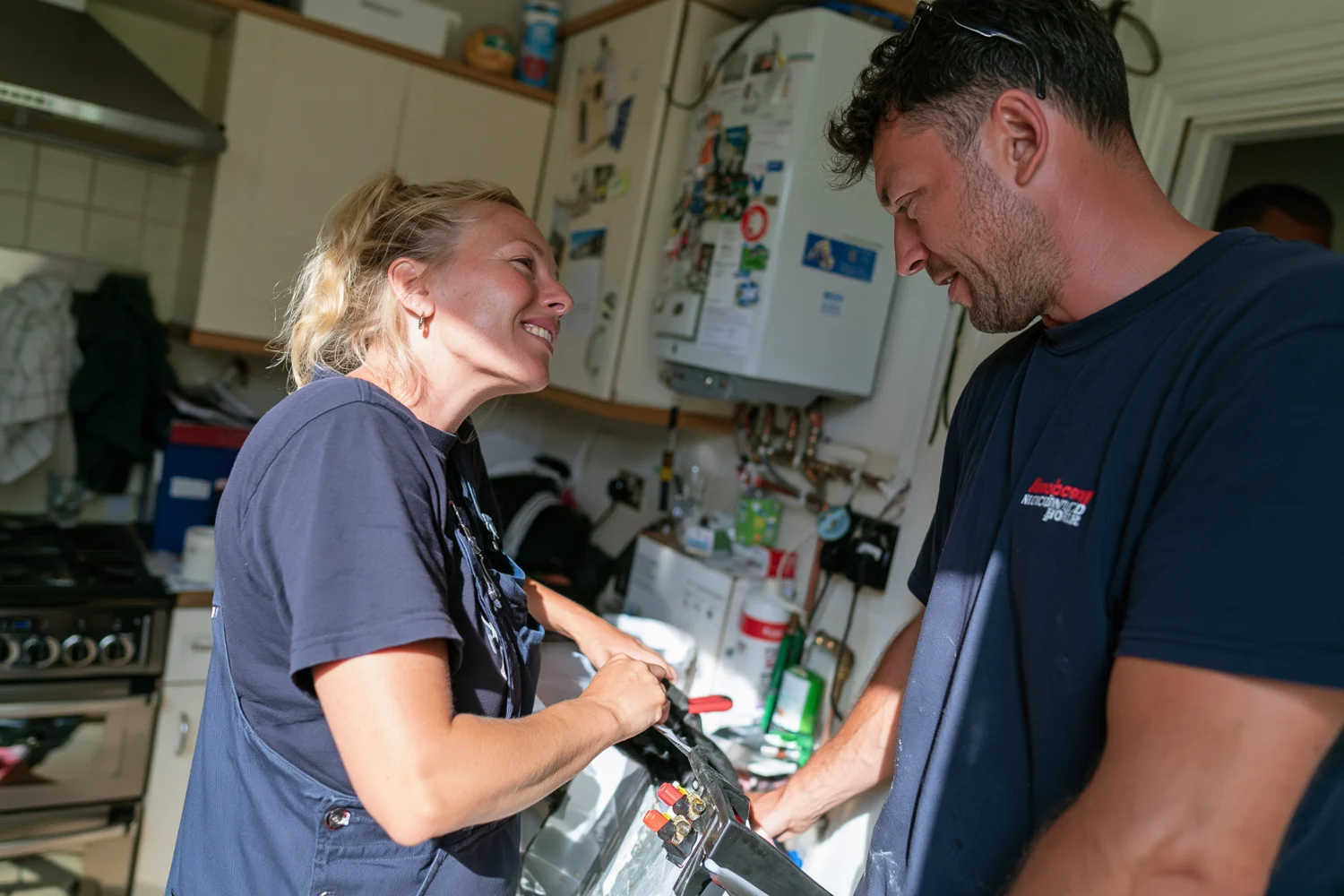 A local plumbing professional speaking with a customer
